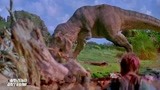 侏罗纪公园：霸王龙草地狩猎，似鸡龙一口一口，肉食恐龙真吓人