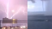 美国得州等地遭恶劣天气 闪电击中多座建筑 海滩游客被龙卷风刮倒