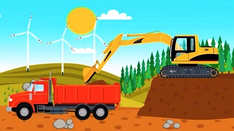 工程车建造动画:挖掘机和卡车铲车铺马路