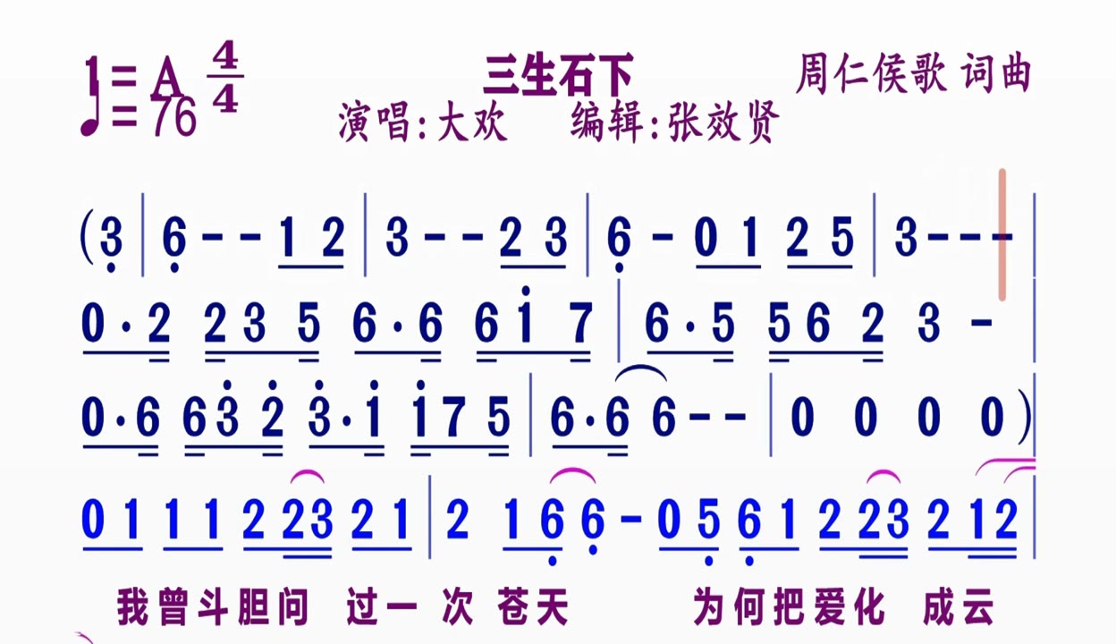 大欢演唱的《三生石下》动态简谱